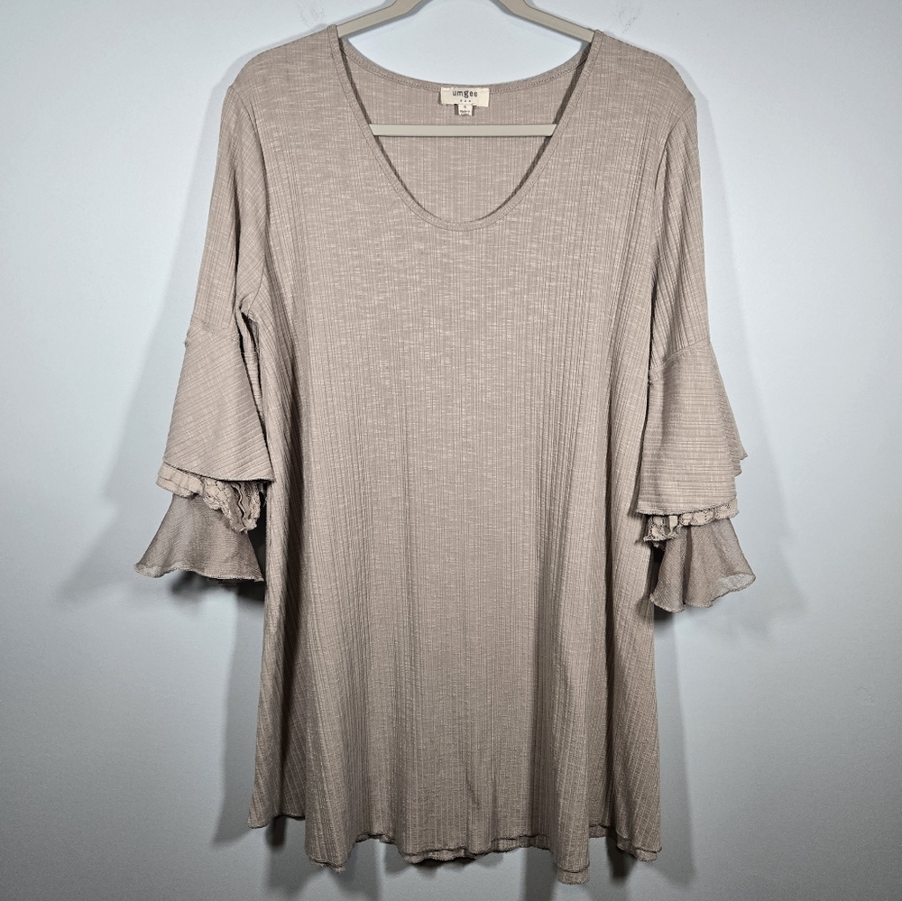 Umgee Beige Boho Tunic Top‎ Layered Lace Flare Sleeves Women’s Size Small